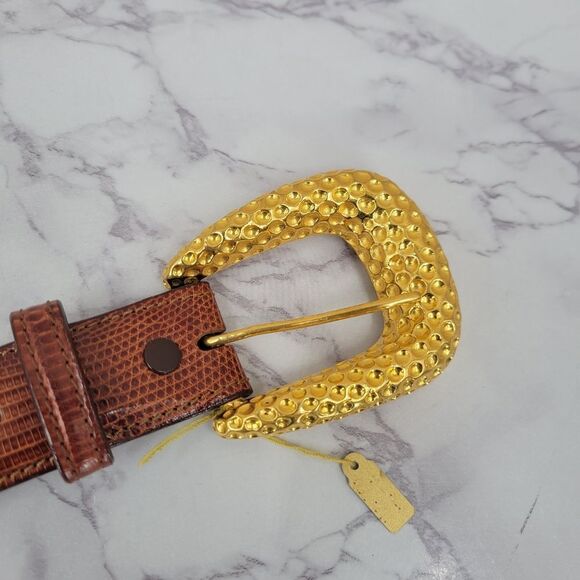Kleinberg Sherrill Vintage Brown Lizard Embossed Leather Belt Gold Tone Buckle main image 9
